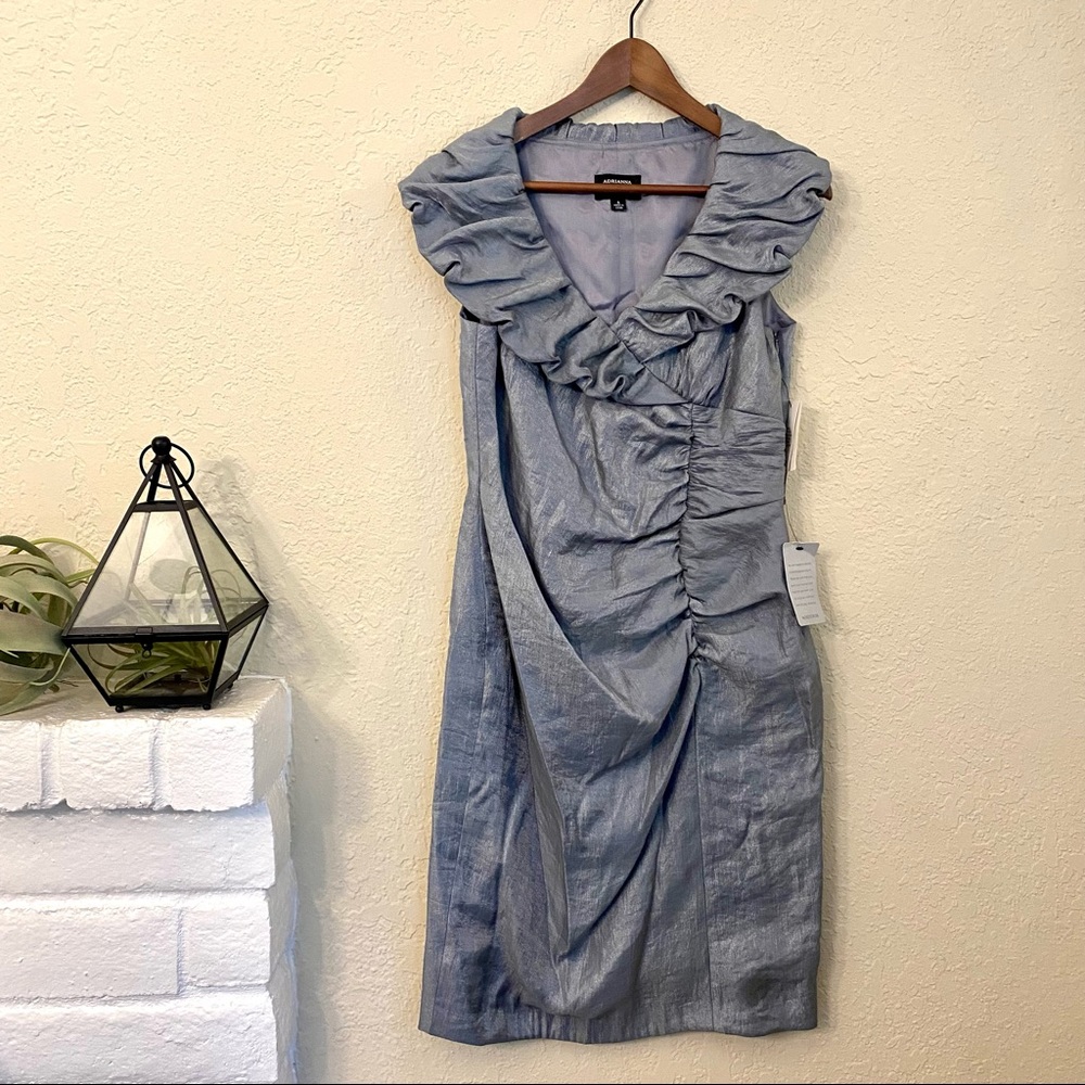 Adrianna Papell Silver Ruffled V-Neck Midi Dress